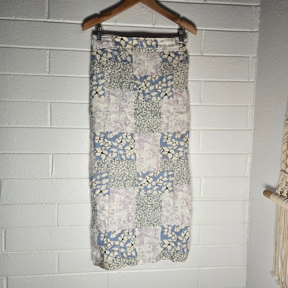 Nicole Miller Skirt Womens Small Pastel Patchwork Floral 100% Linen‎ Midi Boho